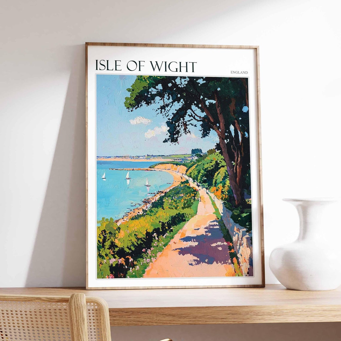 Isle of Wight England Striped Lighthouse Rocky Shore View Poster
