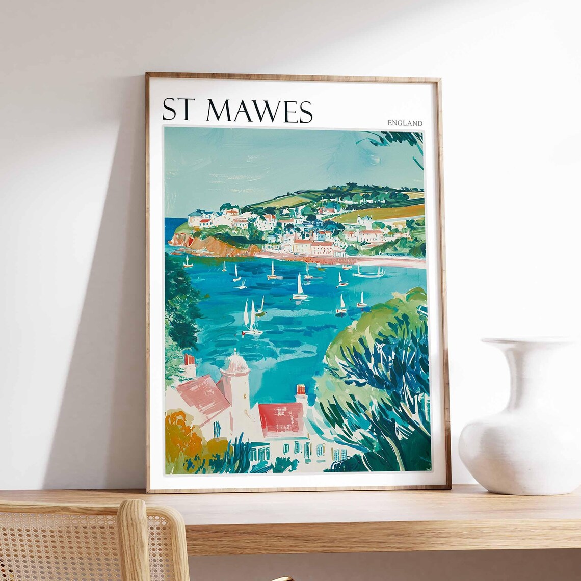 St Mawes England Turquoise Bay with Sailboats and Coastal Village Poster