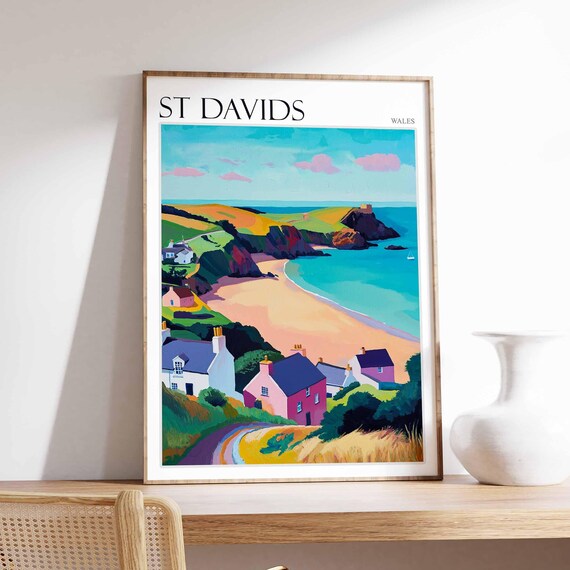 St Davids Wales Pretty Pink Houses Golden Beach Bay View Poster