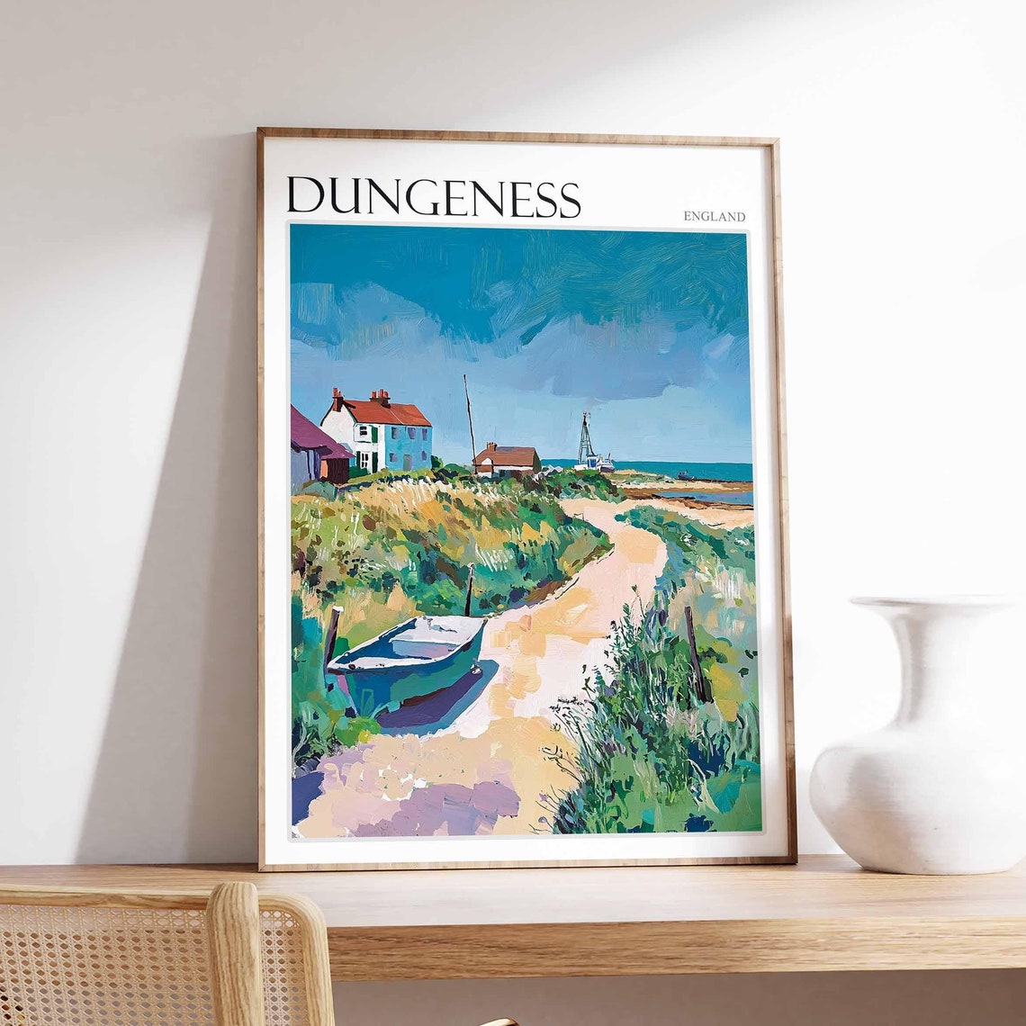 Dungeness England Sandy Path to Cottages and Beached Boat Poster