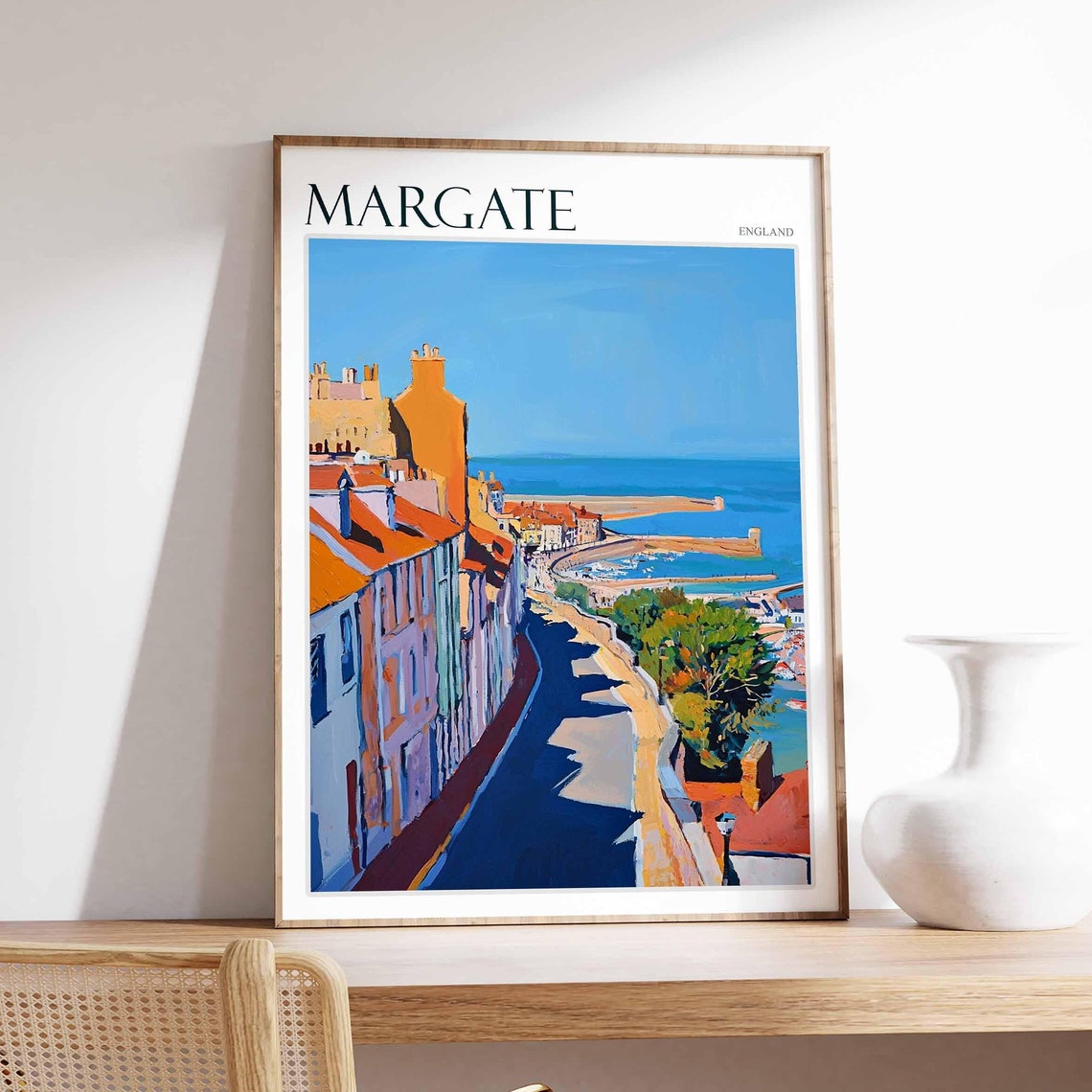 Margate England Steep Old Street to Harbor Orange Buildings Poster