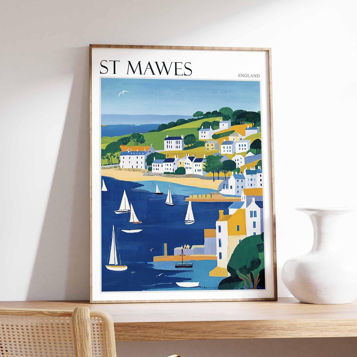 St Mawes England Rolling Green Hills and Sailboats on the Bay Poster