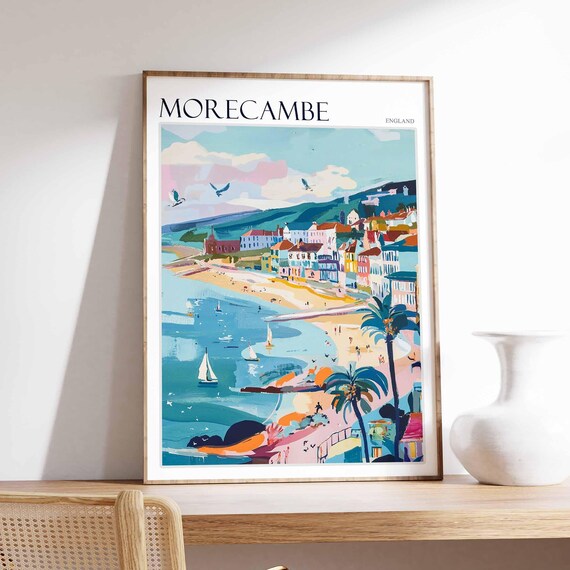 Morecambe England Sunny Seaside Promenade Palm Trees Sailboats Poster