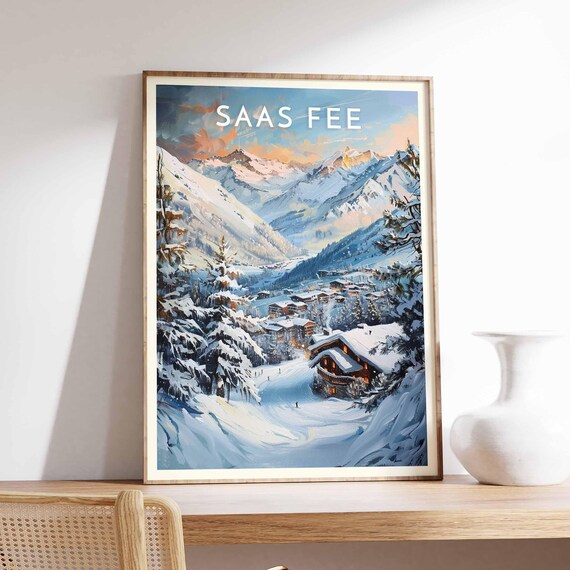 Saas Fee Switzerland Alpine Sunset Golden Light Over Village Ski Poster