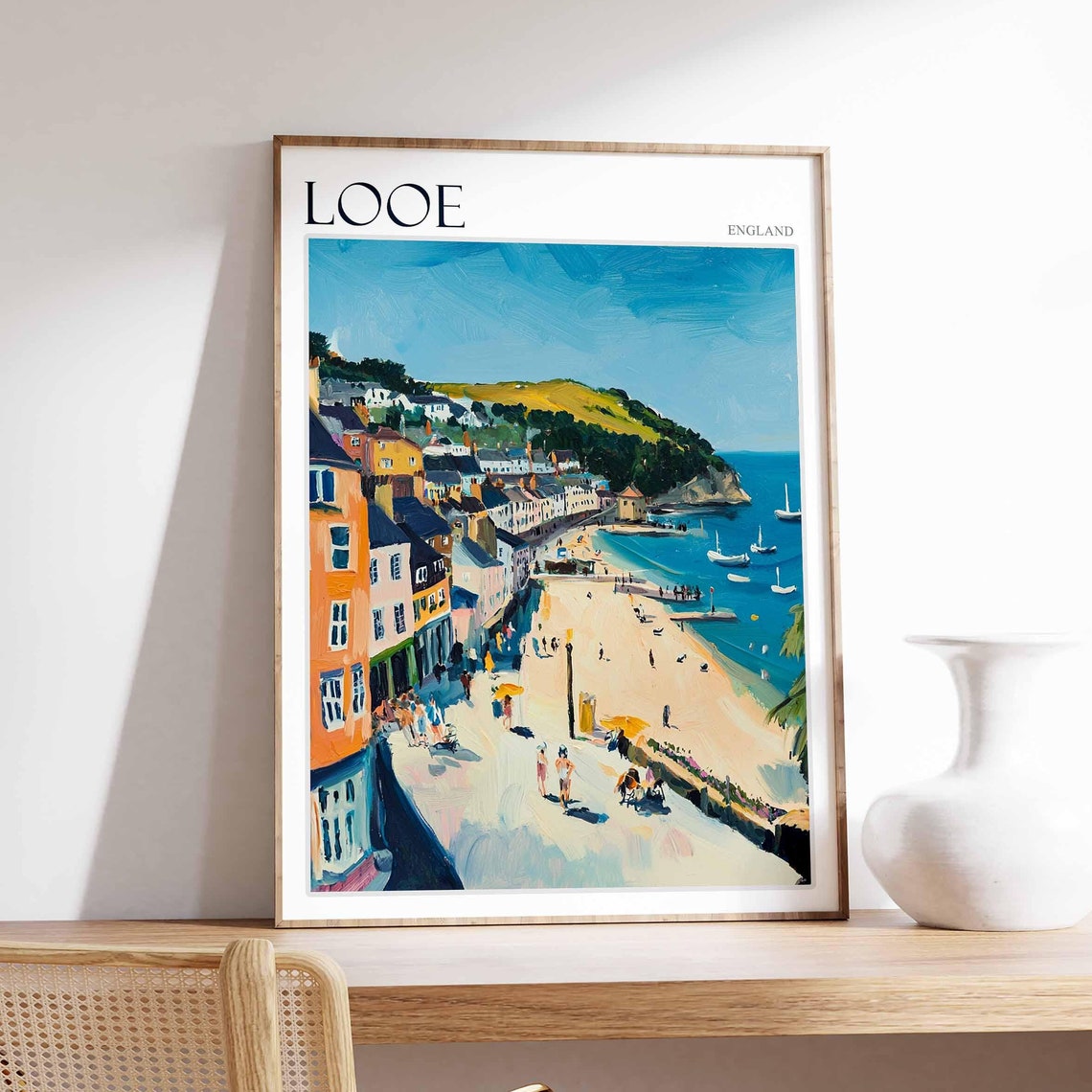 Looe England Beach Promenade Bustling Shorefront Curving Bay Poster
