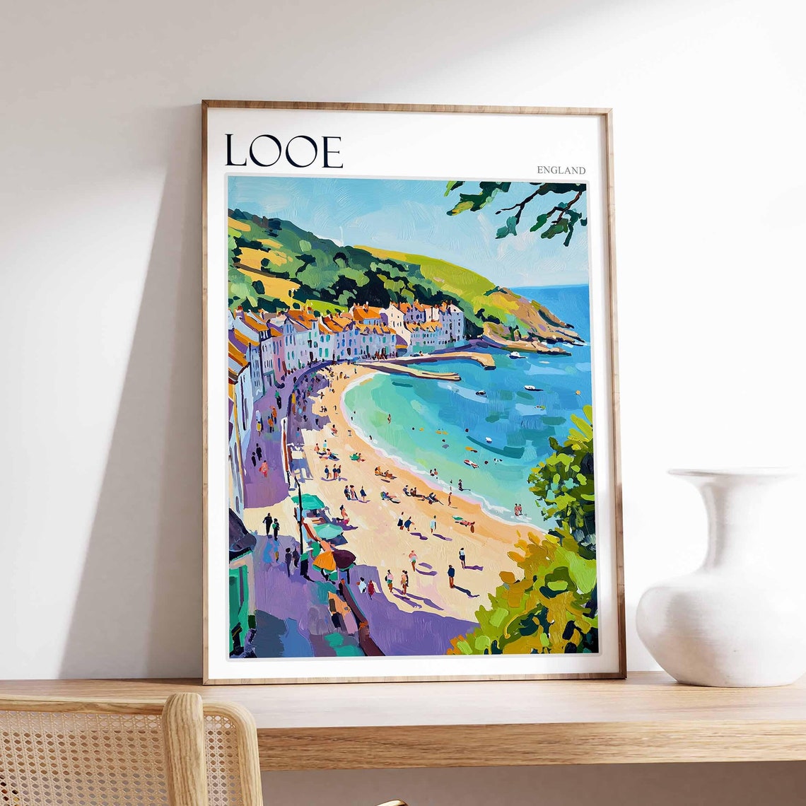 Looe England Aerial Beach Crowded Promenade Green Hillside View Poster