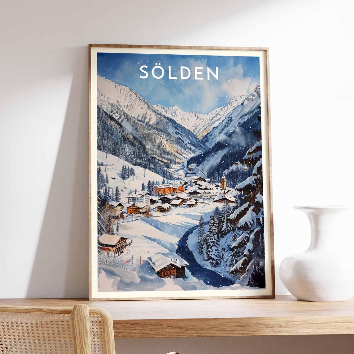 Sölden Austria Watercolor Valley Town and Chairlifts Alpine Poster