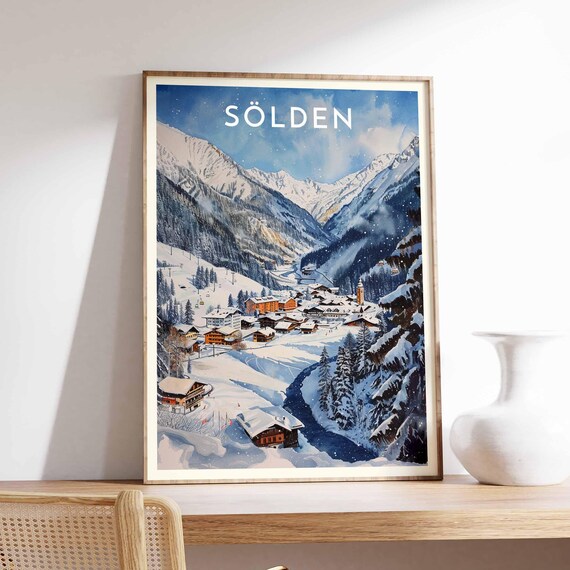 Sölden Austria Watercolor Valley Town and Chairlifts Alpine Poster