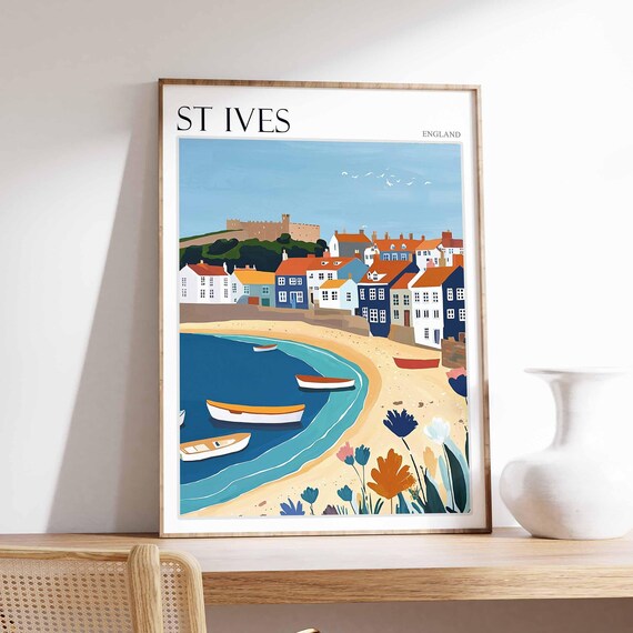 St Ives England Flowered Cove Boats Beach Romantic Scene Art Poster
