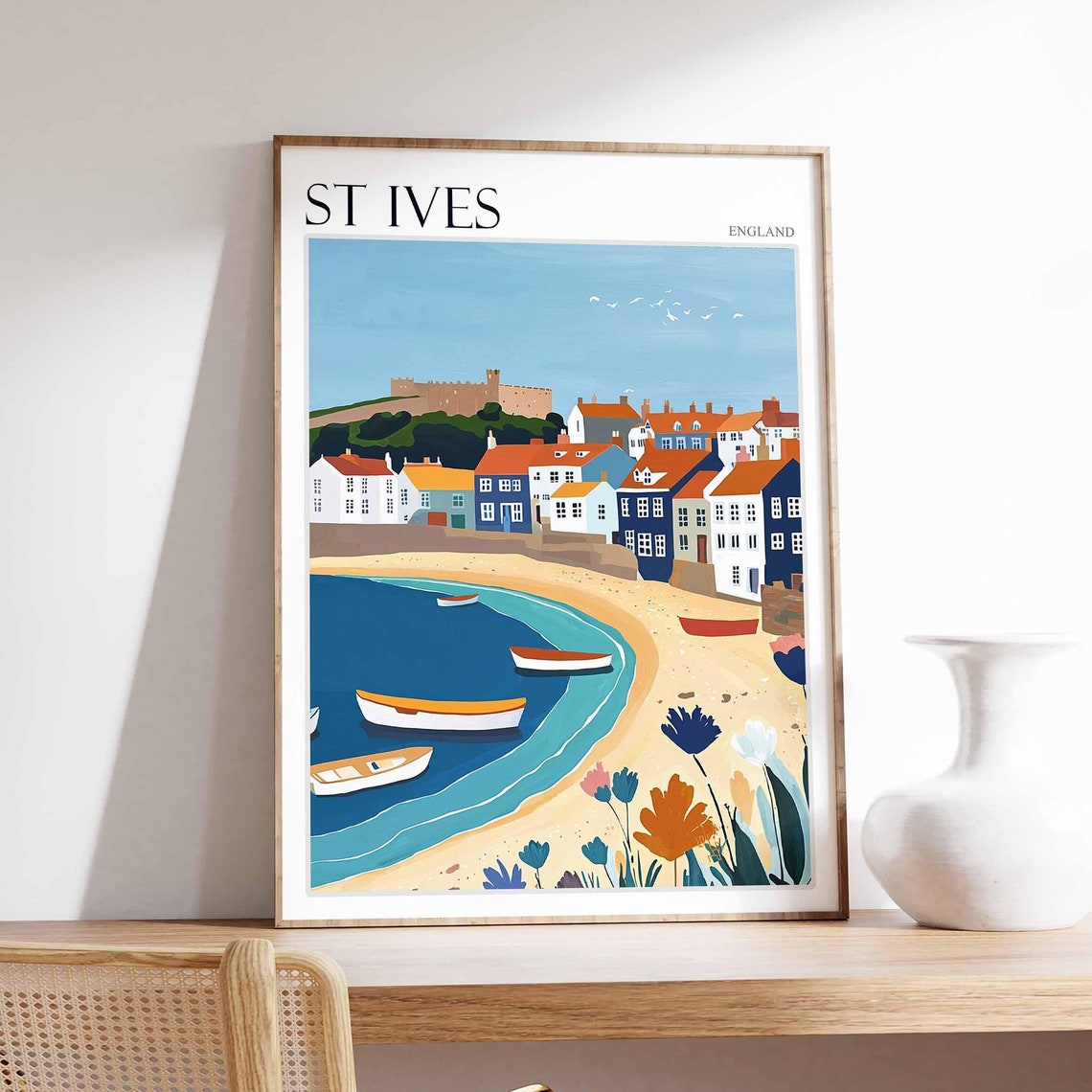 St Ives England Flowered Cove Boats Beach Romantic Scene Art Poster
