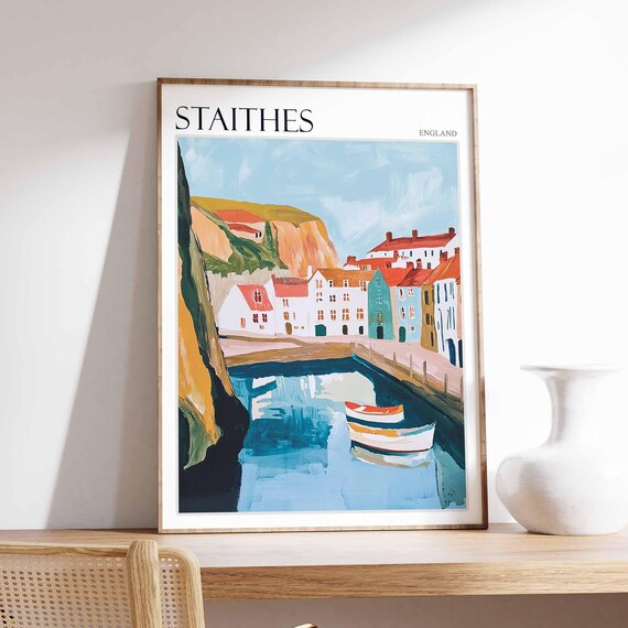 Staithes White Cottages Harbor Boats Gouache Coastal England Poster