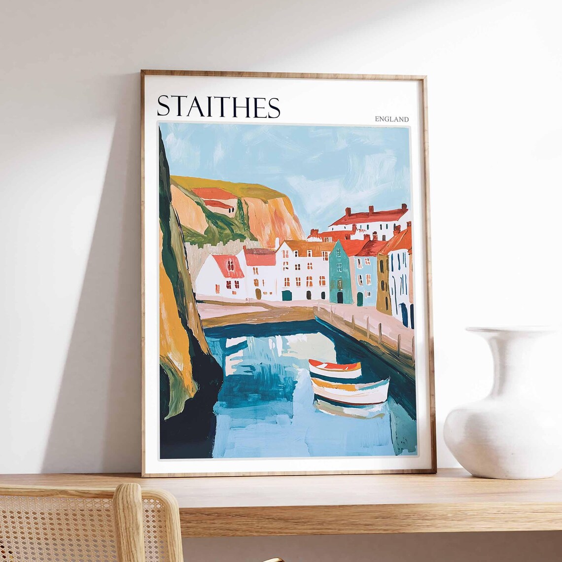 Staithes White Cottages Harbor Boats Gouache Coastal England Poster