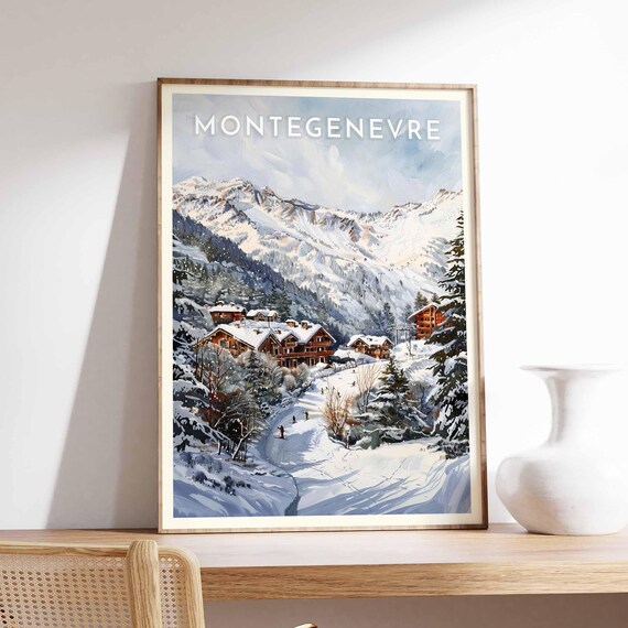 Montgenevre France Soft Pale Watercolor Snowy Trail Chalets Peak Poster