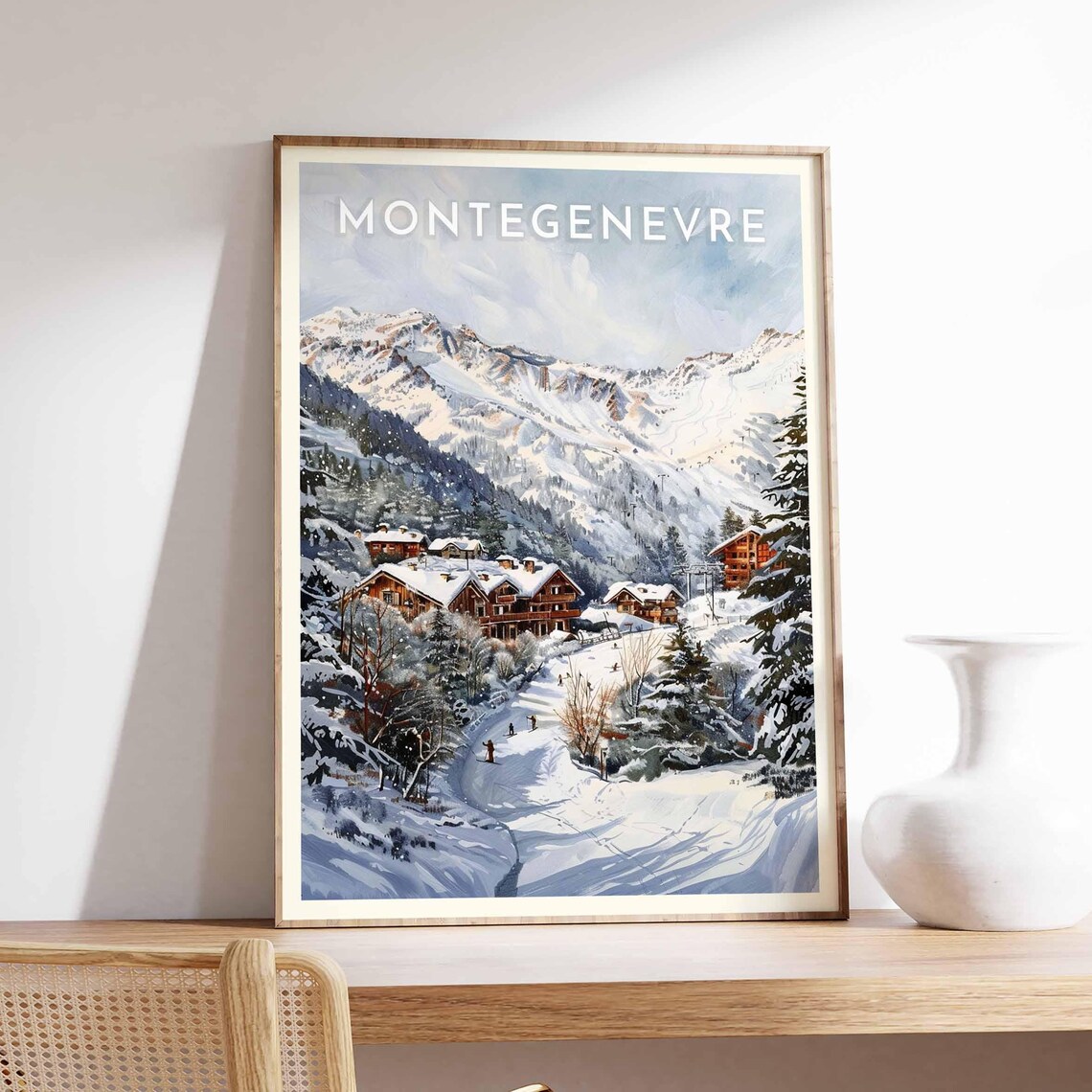 Montgenevre France Soft Pale Watercolor Snowy Trail Chalets Peak Poster