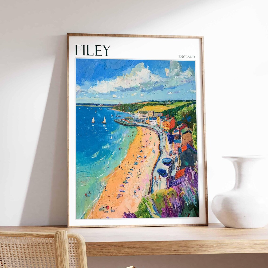 Filey England Yorkshire Coast Bay Beach Painted Seaside Travel Poster