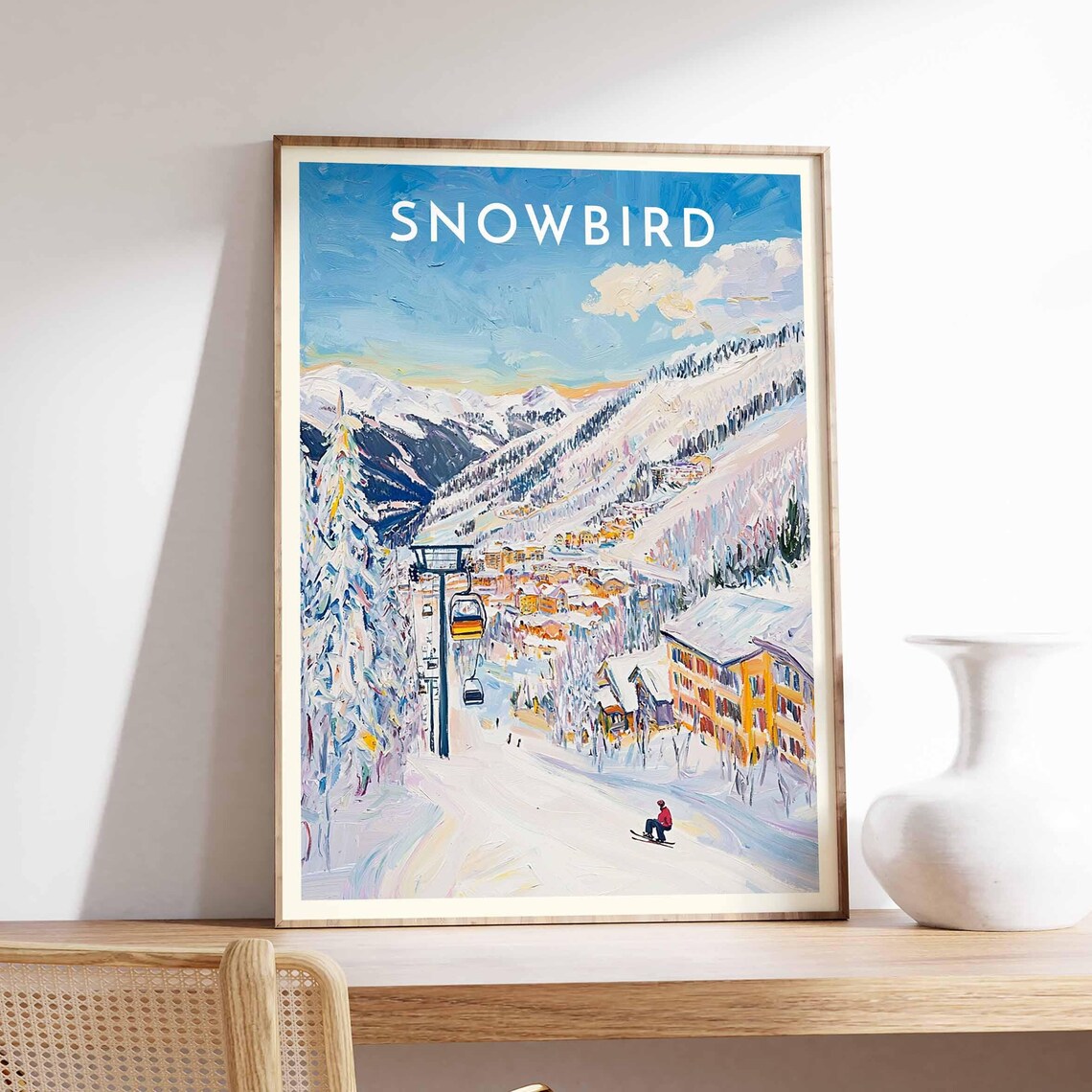 Snowbird Orange Chairlift Gliding Above the Alpine Village Poster