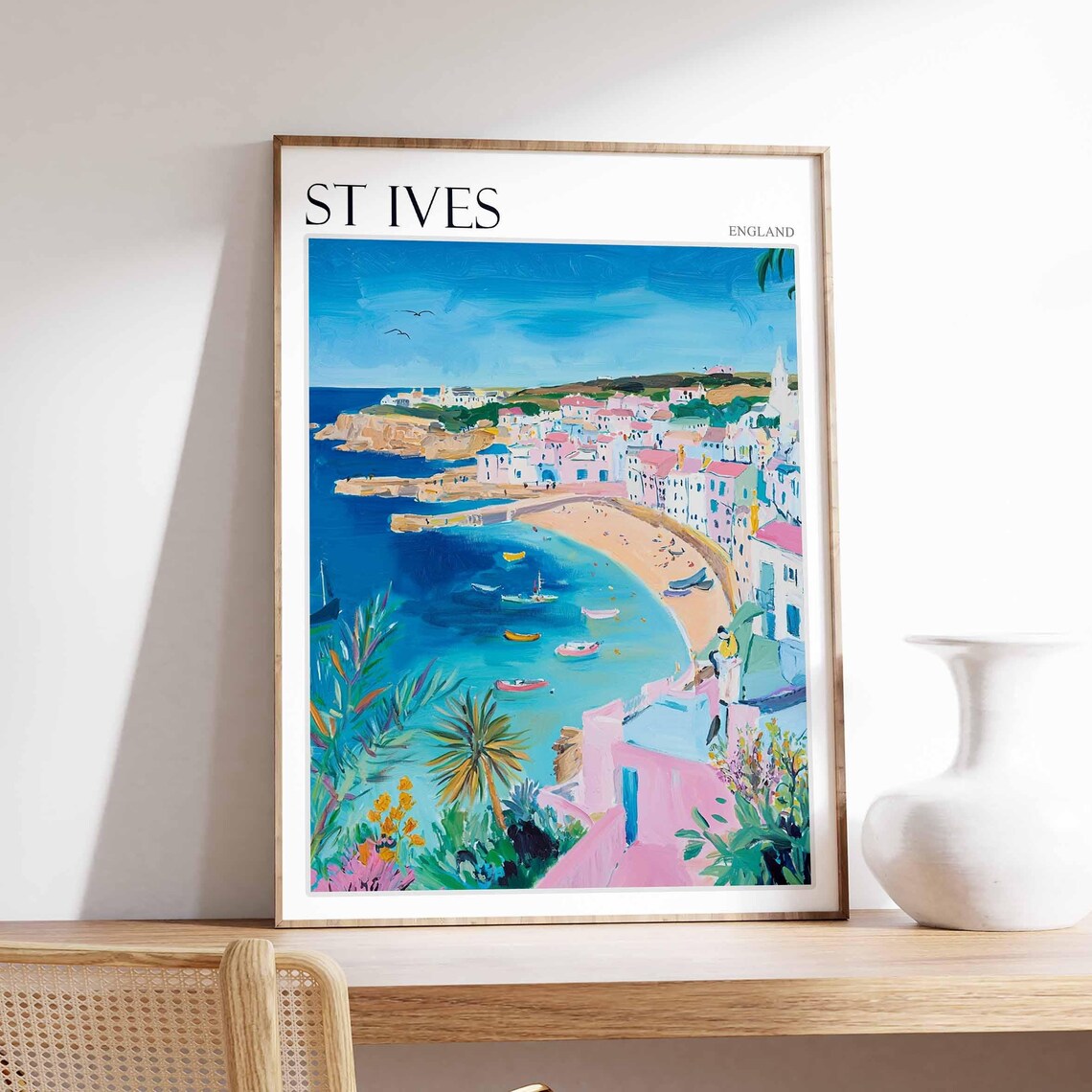 St Ives England Sweeping Bay Boats Seaside Coastal Town Art Poster