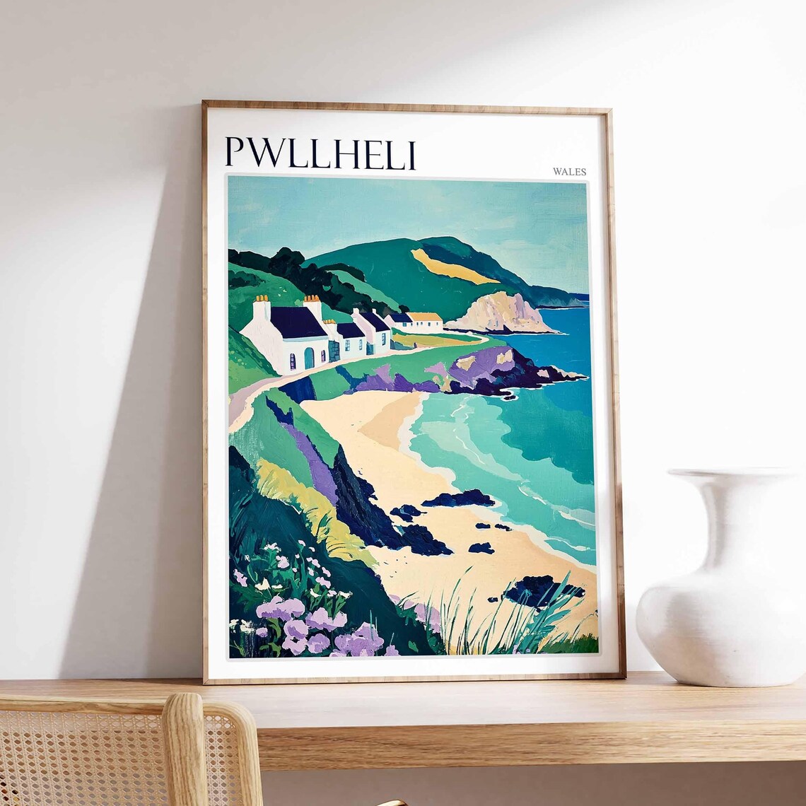 Pwllheli Wales White Cottages Sandy Cove Green Cliffs Wildflowers Poster