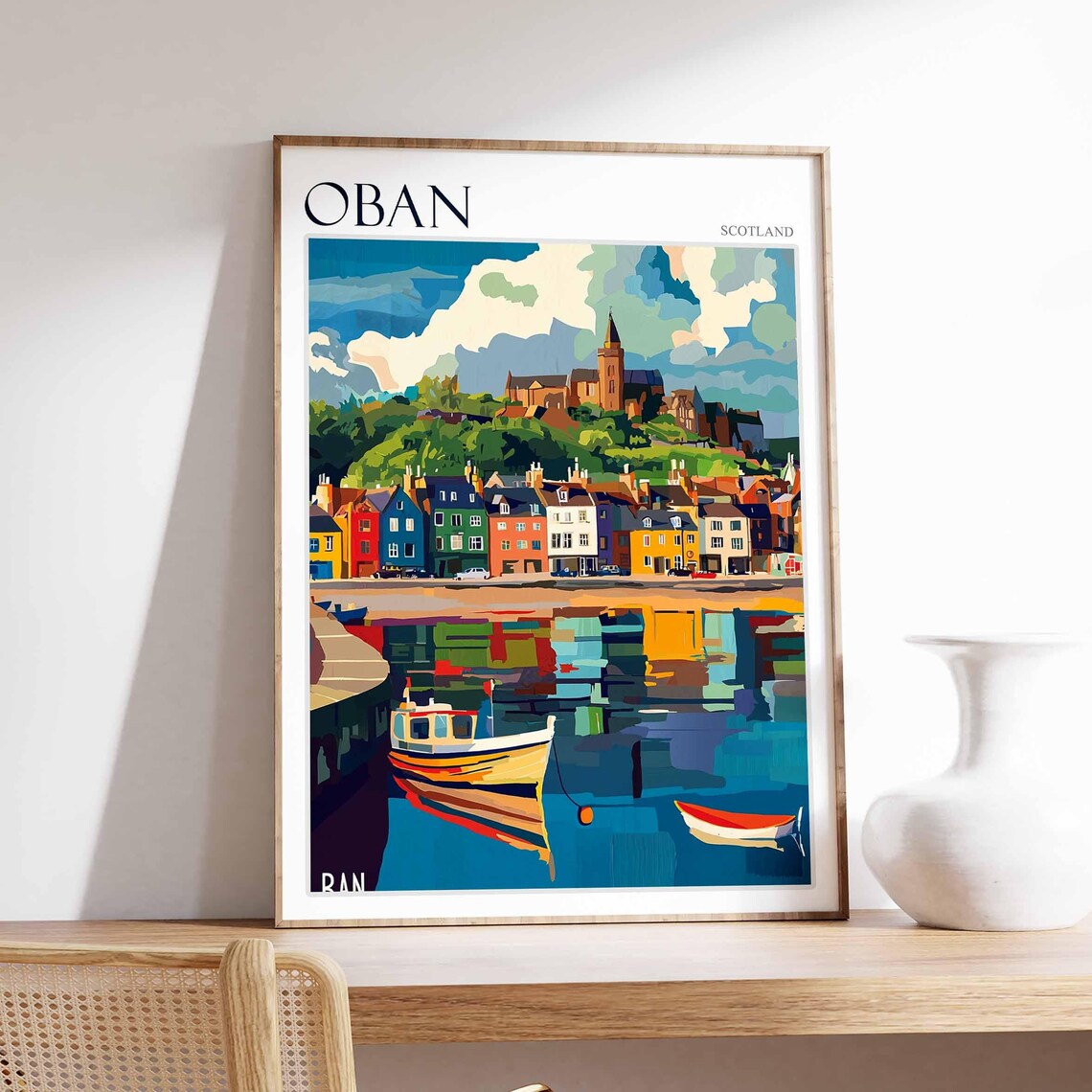 Oban Harbor Boat Reflections Church Town Scotland Travel Poster