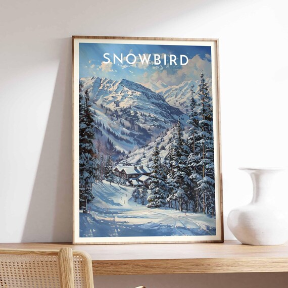 Snowbird Utah Blue Lit Slopes Dark Pines Base Lodge Snow Travel Poster