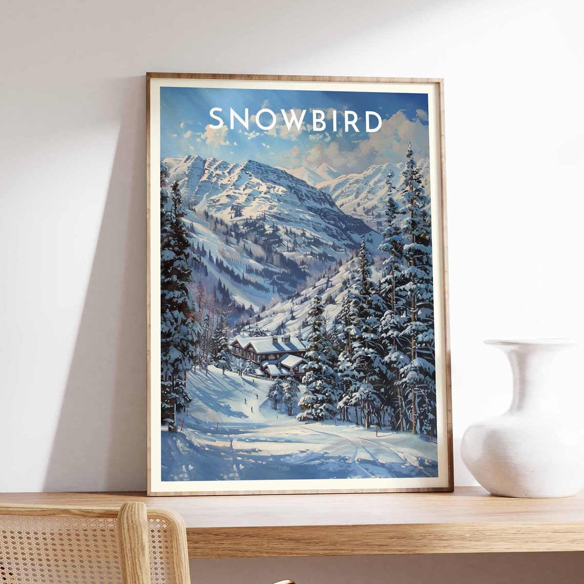 Snowbird Utah Blue Lit Slopes Dark Pines Base Lodge Snow Travel Poster