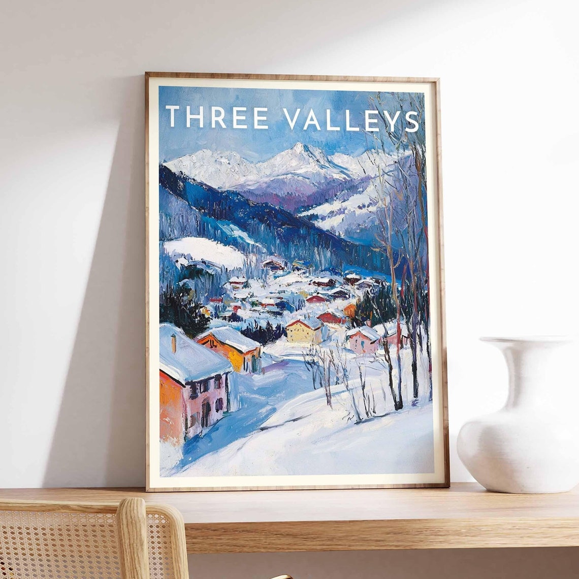 Three Valleys Blue Peaks Towering Above Alpine Ski Village Poster