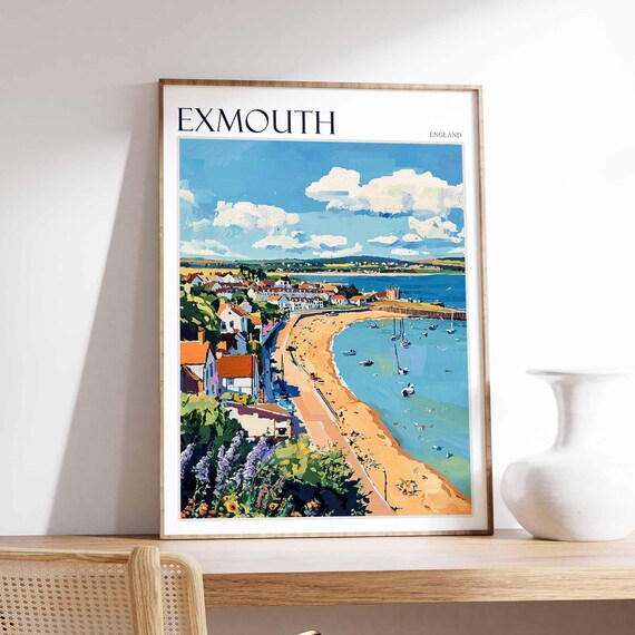 Exmouth England Cliff Town Beach Sailboats Painted Art Poster