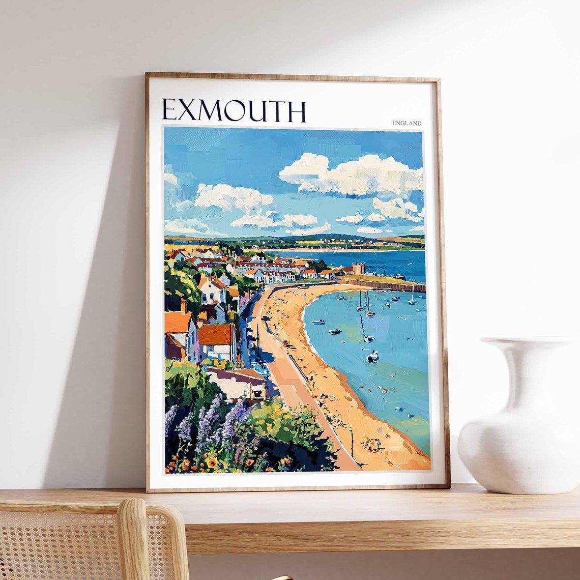 Exmouth England Cliff Town Beach Sailboats Painted Art Poster
