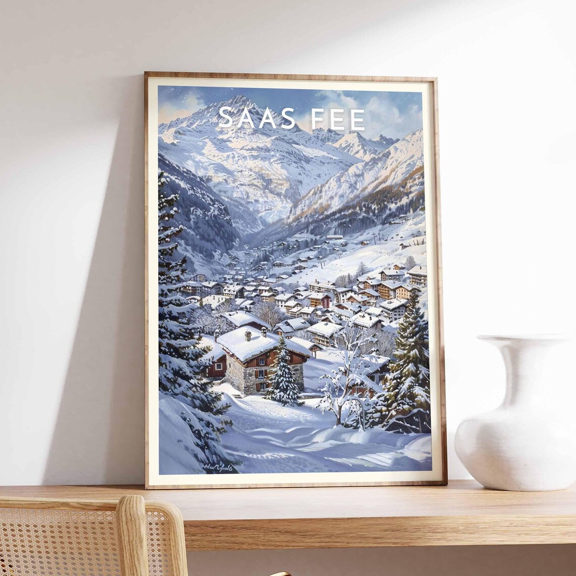 Saas Fee Switzerland High Valley Village Chalets Framed By Pines Poster