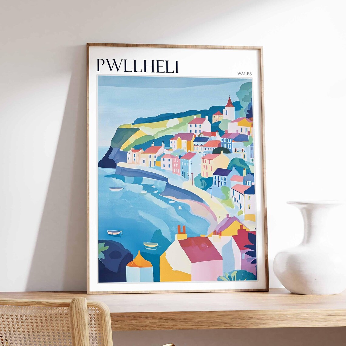 Pwllheli Wales Harbor Curve Church Spire Blue Water Boats Poster