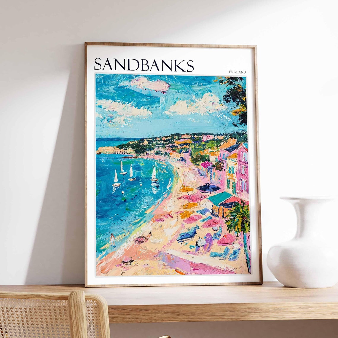 Sandbanks England Pastel Beach Sailboats Pink Buildings Art Poster
