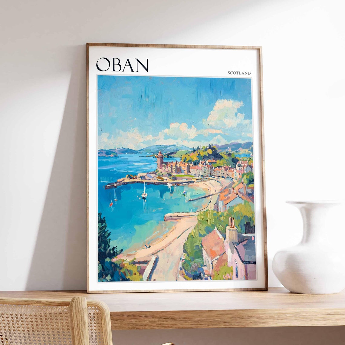 Oban Sunny Bay Beach Lighthouse Tower Cove Scotland Travel Poster