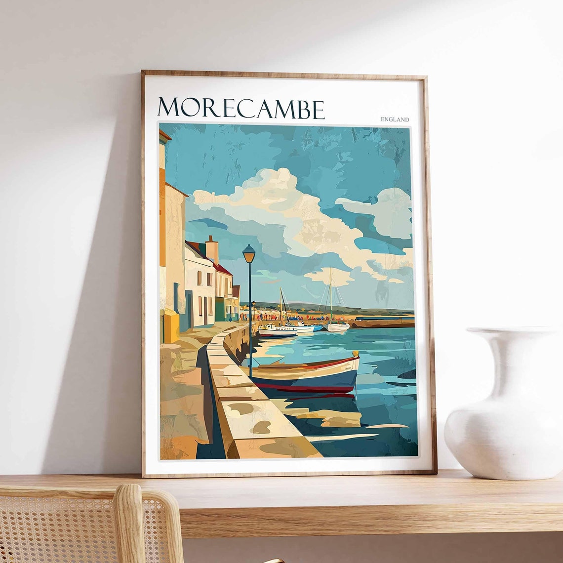 Morecambe England Vintage Harbor Rowboat Lamp Muted Tones Poster