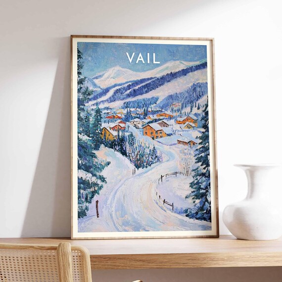 Vail Colorado Impressionist Snowy Village Ski Slope Scene Poster
