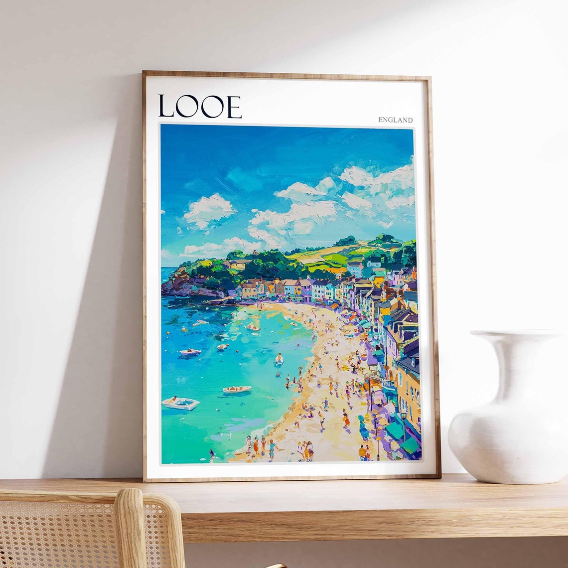 Looe England Crowded Turquoise Beach Summer Crowd Seaside Town Poster