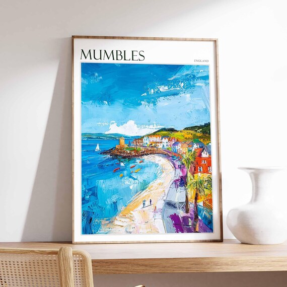 Mumbles Sunny Promenade Palm Bay Beach England Travel Poster