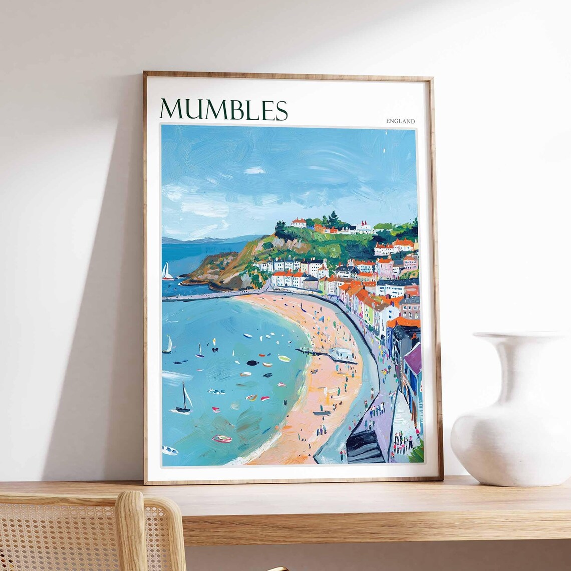 Mumbles Panoramic Beach Boats Bay Town England Travel Poster