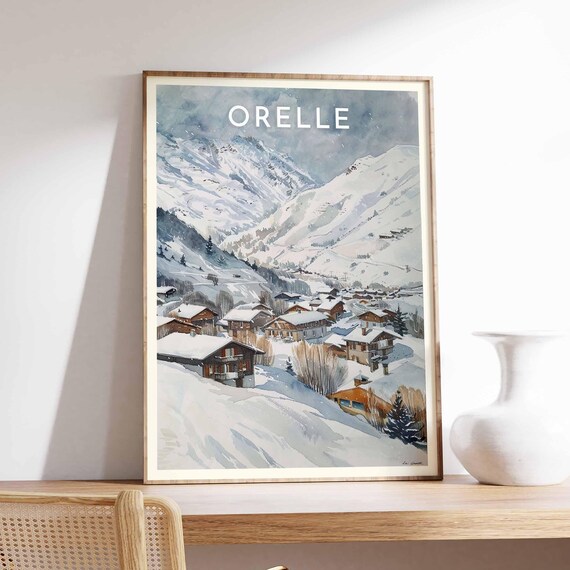 Orelle Muted Watercolor Village Snow Peaks Winter Scene Poster