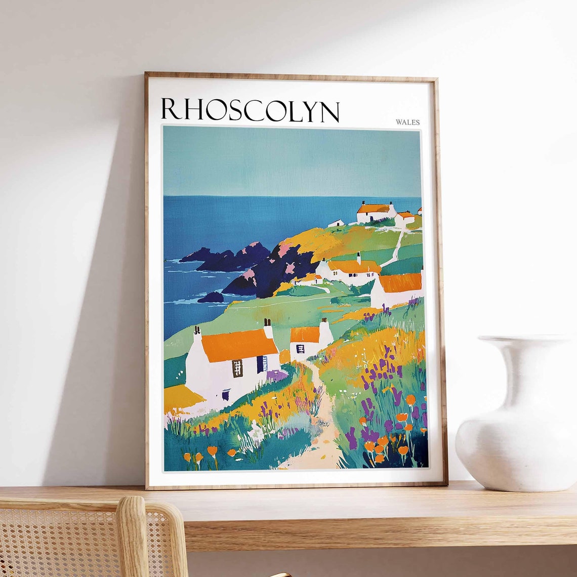 Rhoscolyn Wales White Cottages Green Hillside Flat Art Poster
