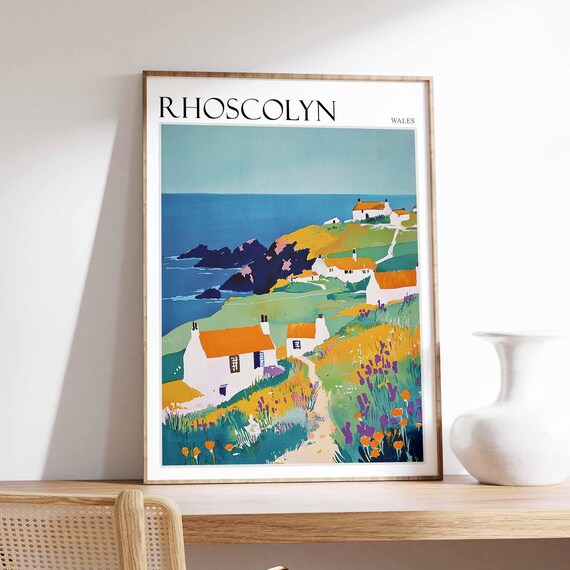 Rhoscolyn Wales White Cottages Green Hillside Flat Art Poster