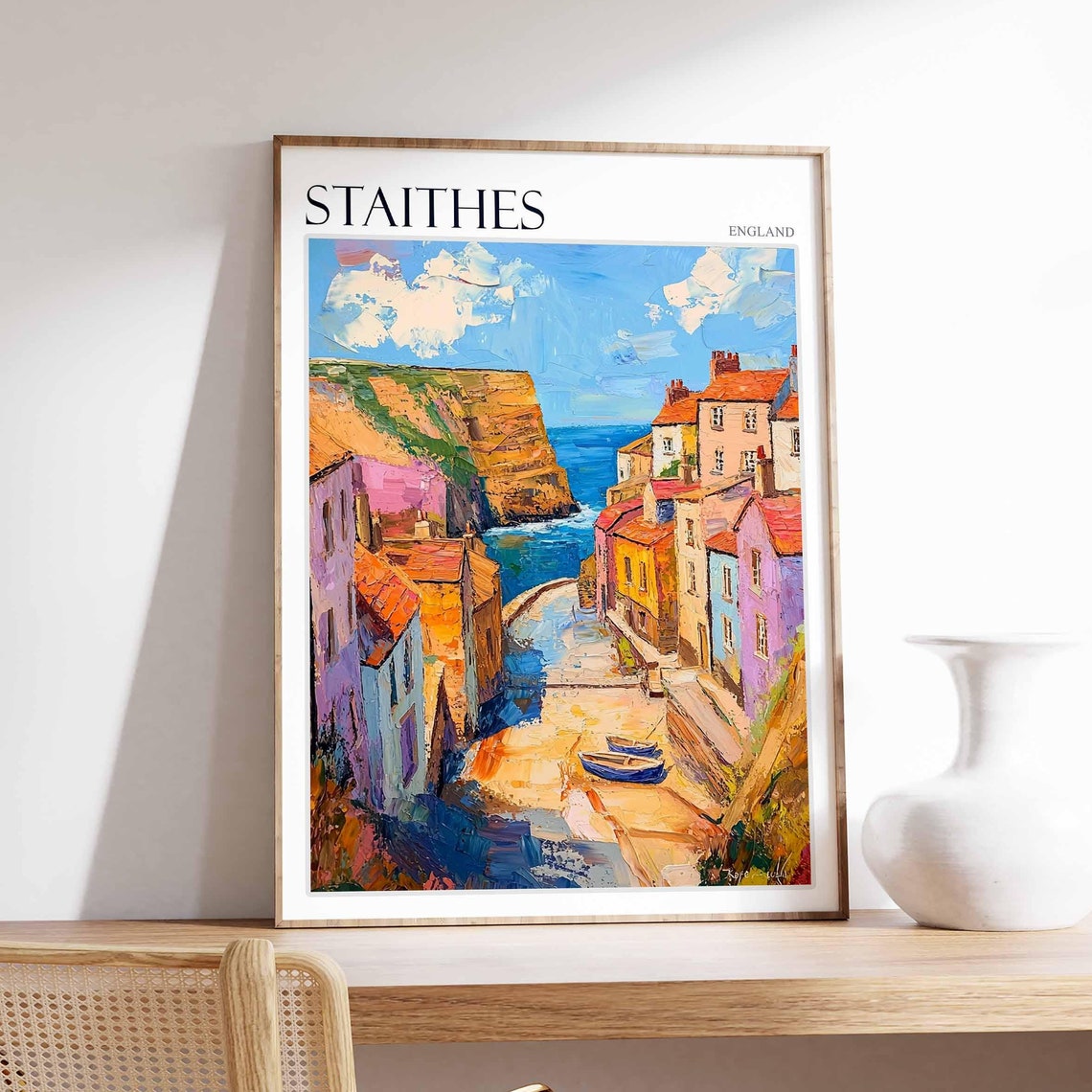 Staithes Colorful Lane Cliffs Fishing Village Painterly England Poster
