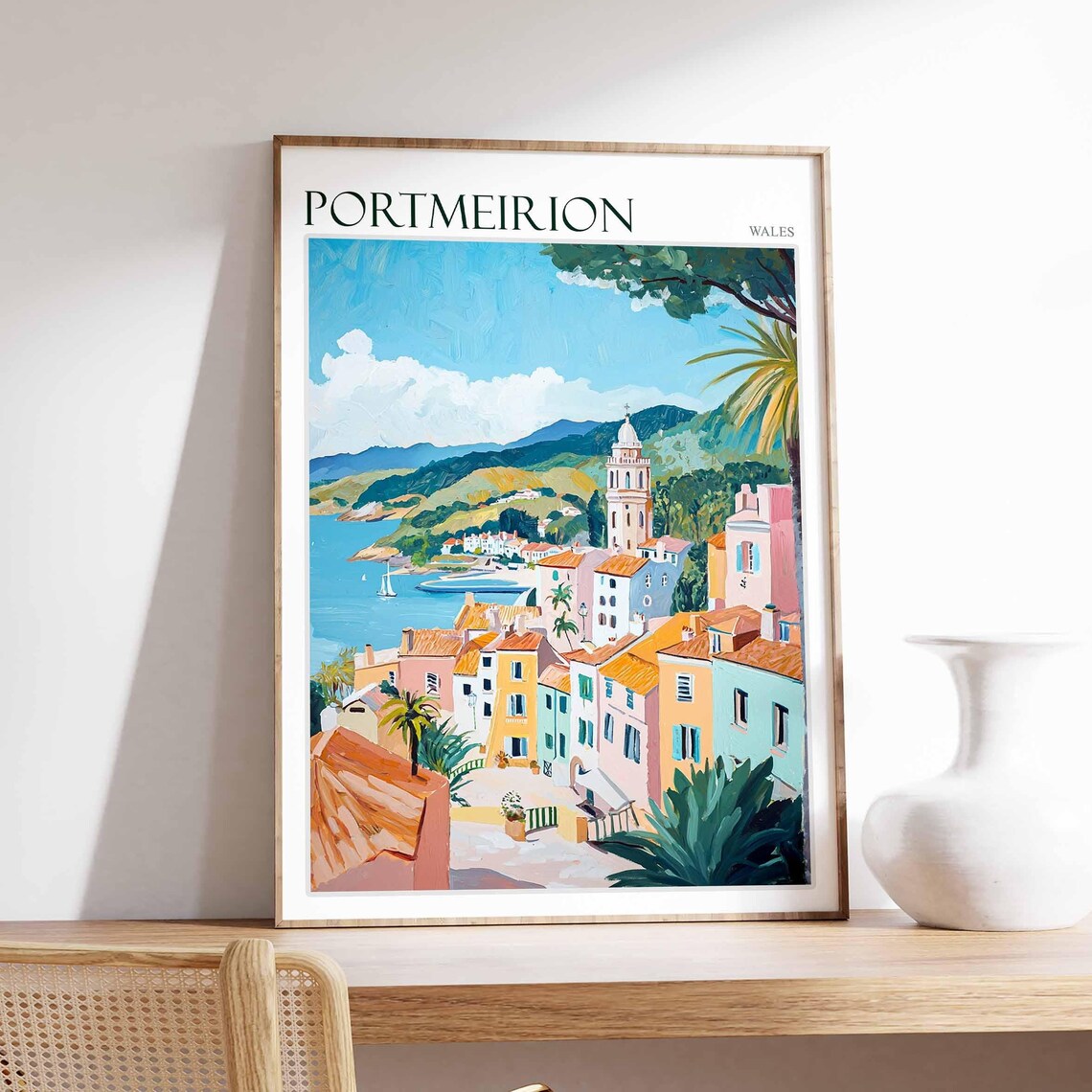 Portmeirion Wales Hillside Village Bell Tower Sailboat Bay Poster