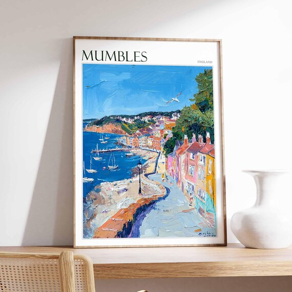 Mumbles Impressionist Harbor Street Sailboats England Travel Poster
