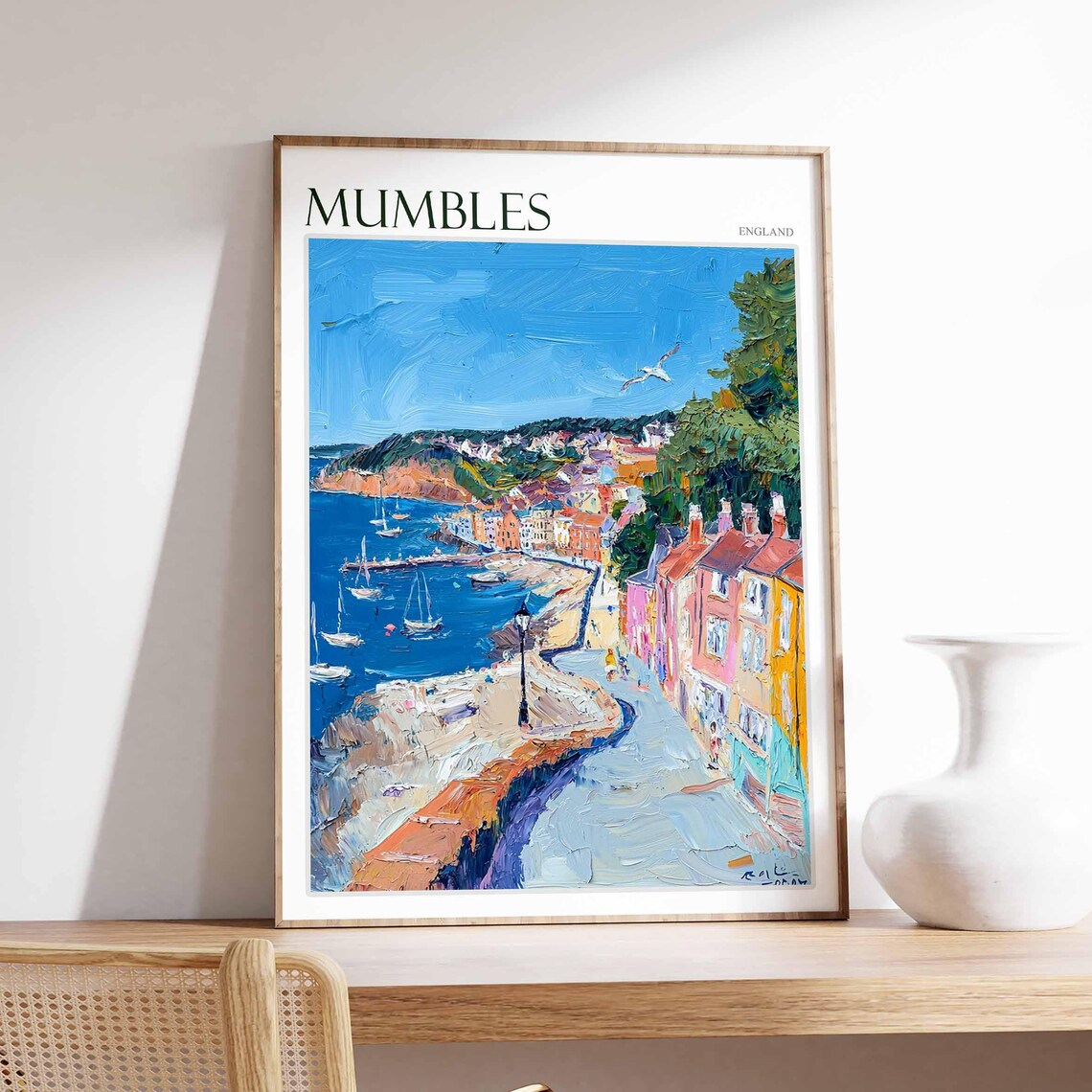 Mumbles Impressionist Harbor Street Sailboats England Travel Poster