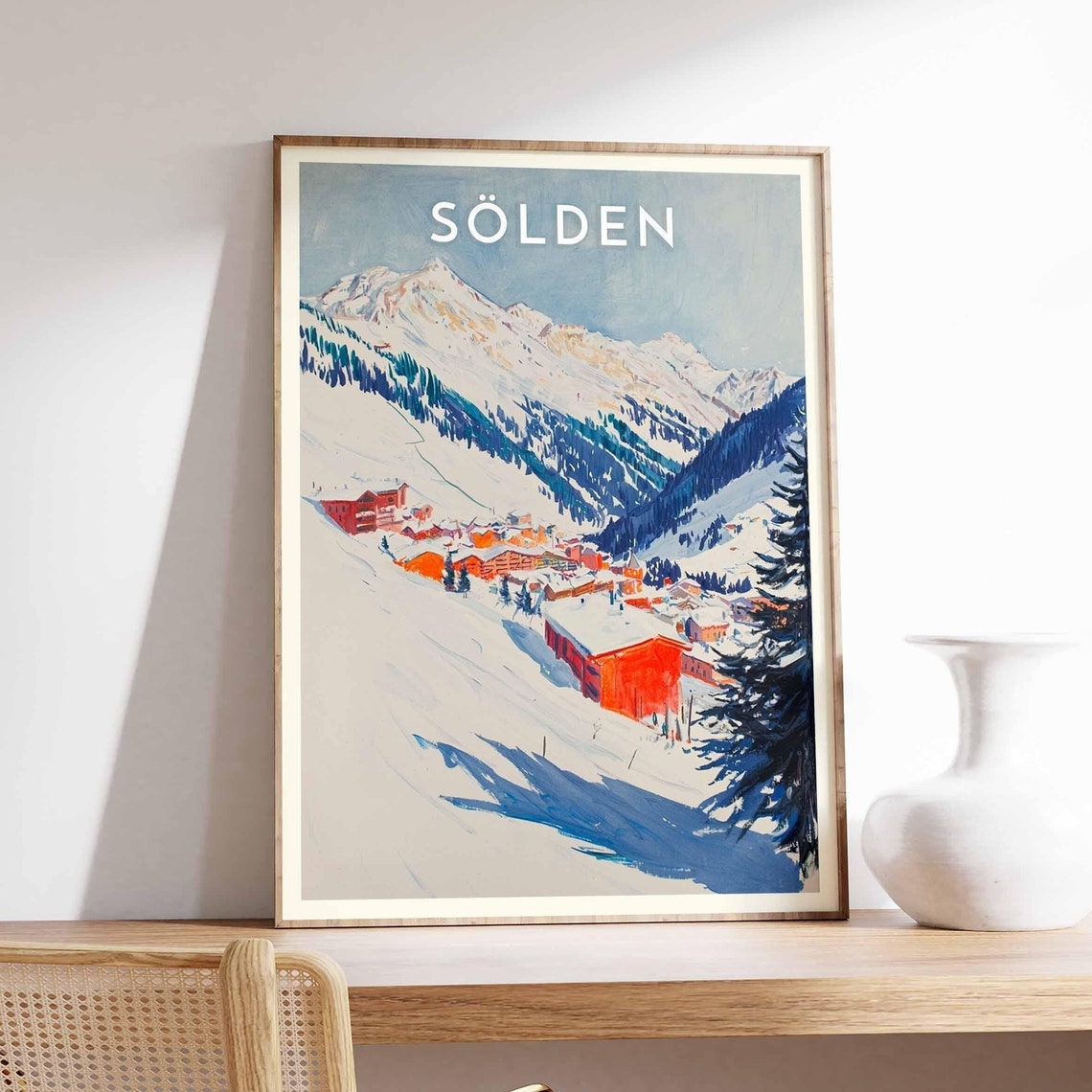 Sölden Austria Watercolor Valley Chalets Under Snowy Peaks Poster