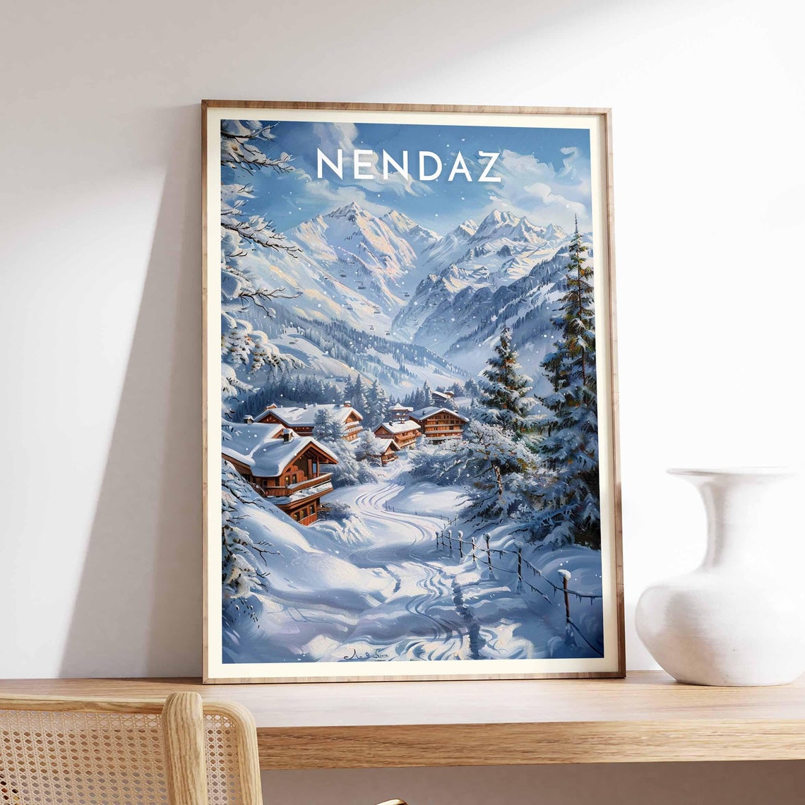 Nendaz Switzerland Morning Light Path Through Pines Chalets Ski Poster