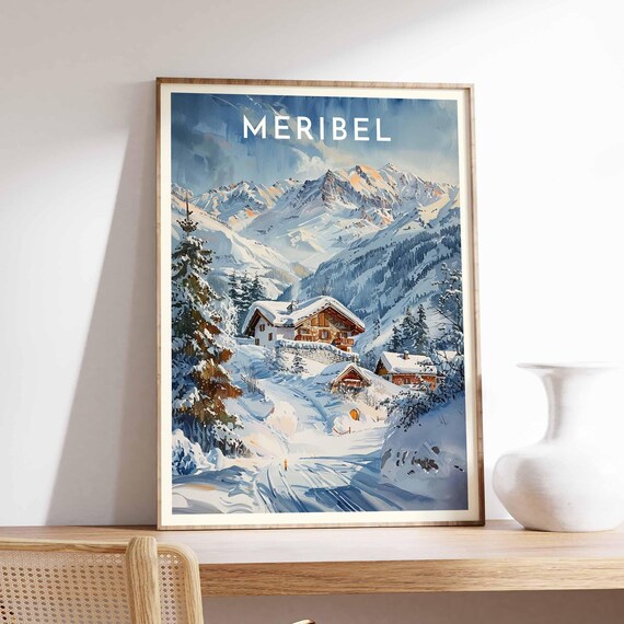 Meribel Wooden Chalet Snow Peaks Watercolor Alpine Art Poster