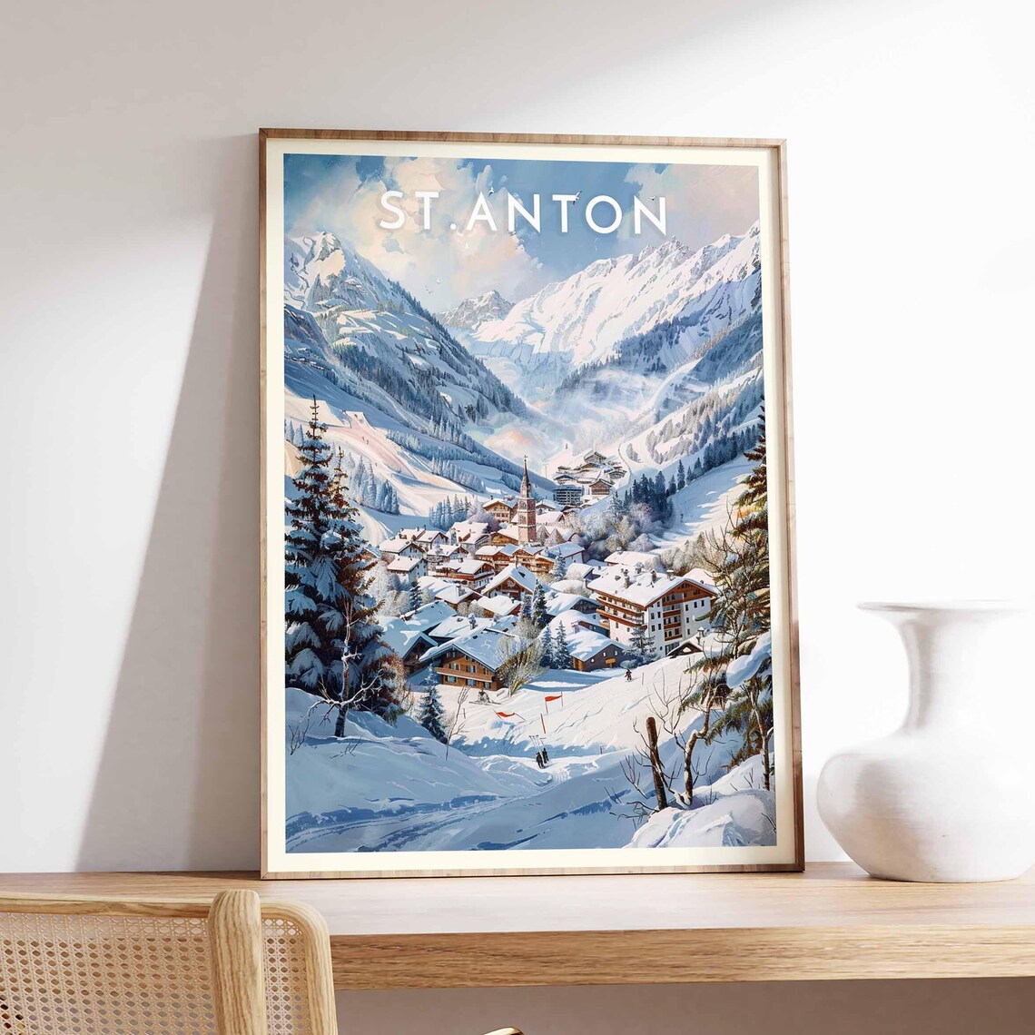 St. Anton Austria Blue Watercolor Village and Spire Snowy Poster