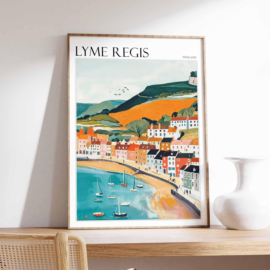 Lyme Regis England Seaside Harbor Sailboats Beach Town Poster