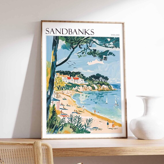 Sandbanks England Pine Framed Cove Sailboats Beachgoers Art Poster